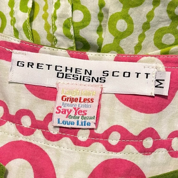 Gretchen Scott Tunic Split Neck Blouse Green White Geo Print Preppy Medium - Picture 2 of 9